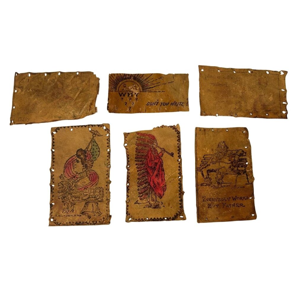 Leather Antique Set of 6 Post Cards Indian Chief Patriotic Humor 1900s READ